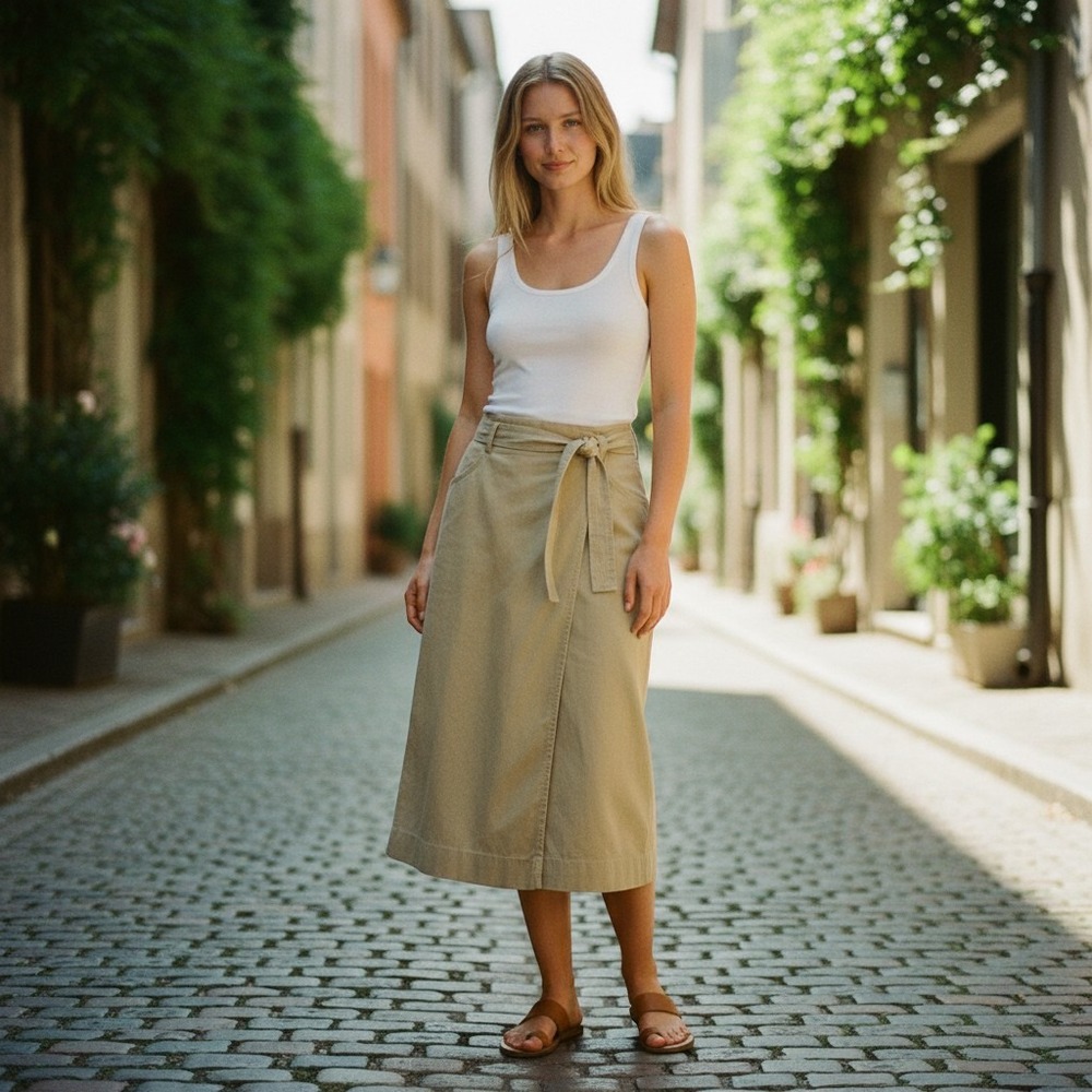 Vtg 90s DKNY JEANS Khaki Wrap Skirt Size 12 ILGWU Union Made USA Canvas Midi